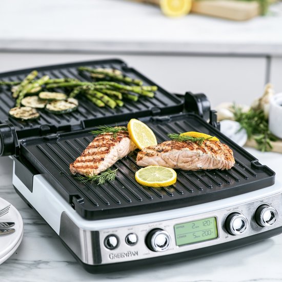 GreenPan Elite Contact Grill - PFAS-vrije antikleeflaag - LCD-display - Antislip - Vermogen: 2200 W - Koudgreep - Met extra wafelplaten - Blue haze — afbeelding 5