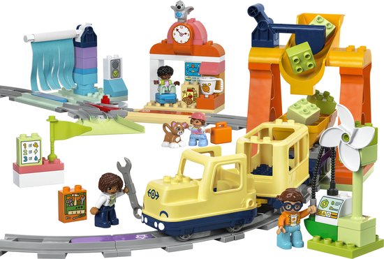 LEGO DUPLO treinset met station, wisselende sporen, interactieve trein, figuren en accessoires.