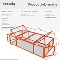 Technische tekening van de oranje konijnenren met de afmetingen 181x90x48 cm en productinformatie.
