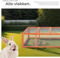 Een konijnenren van oranje dennenhout met gaas op een gazon, vergezeld door een schattig konijn op de voorgrond.
