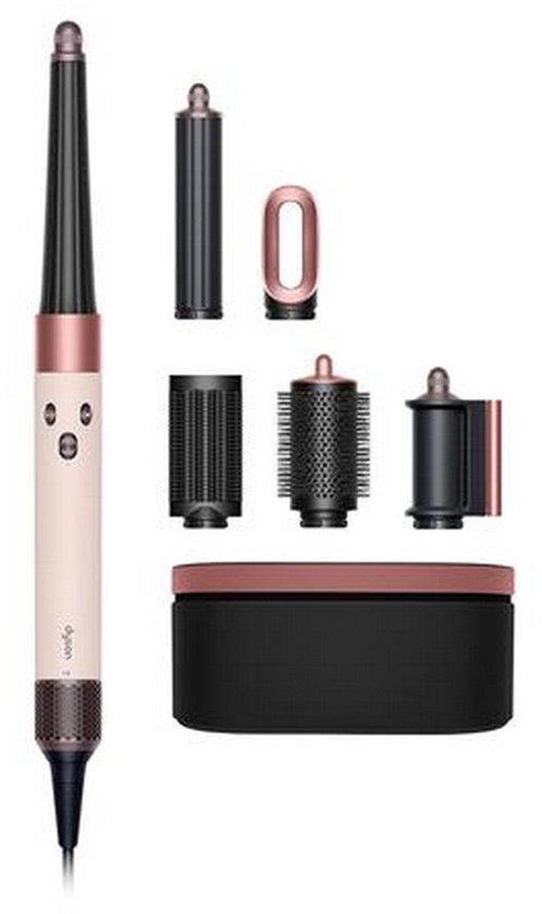 Dyson multistyler in roze en koper met diverse opzetstukken en bijbehorende opbergcase.