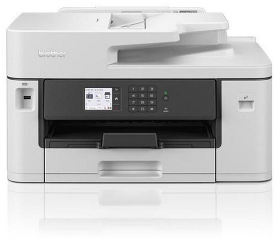 Vooraanzicht van witte Brother MFC-J5340DW printer met zwart display en knoppen.