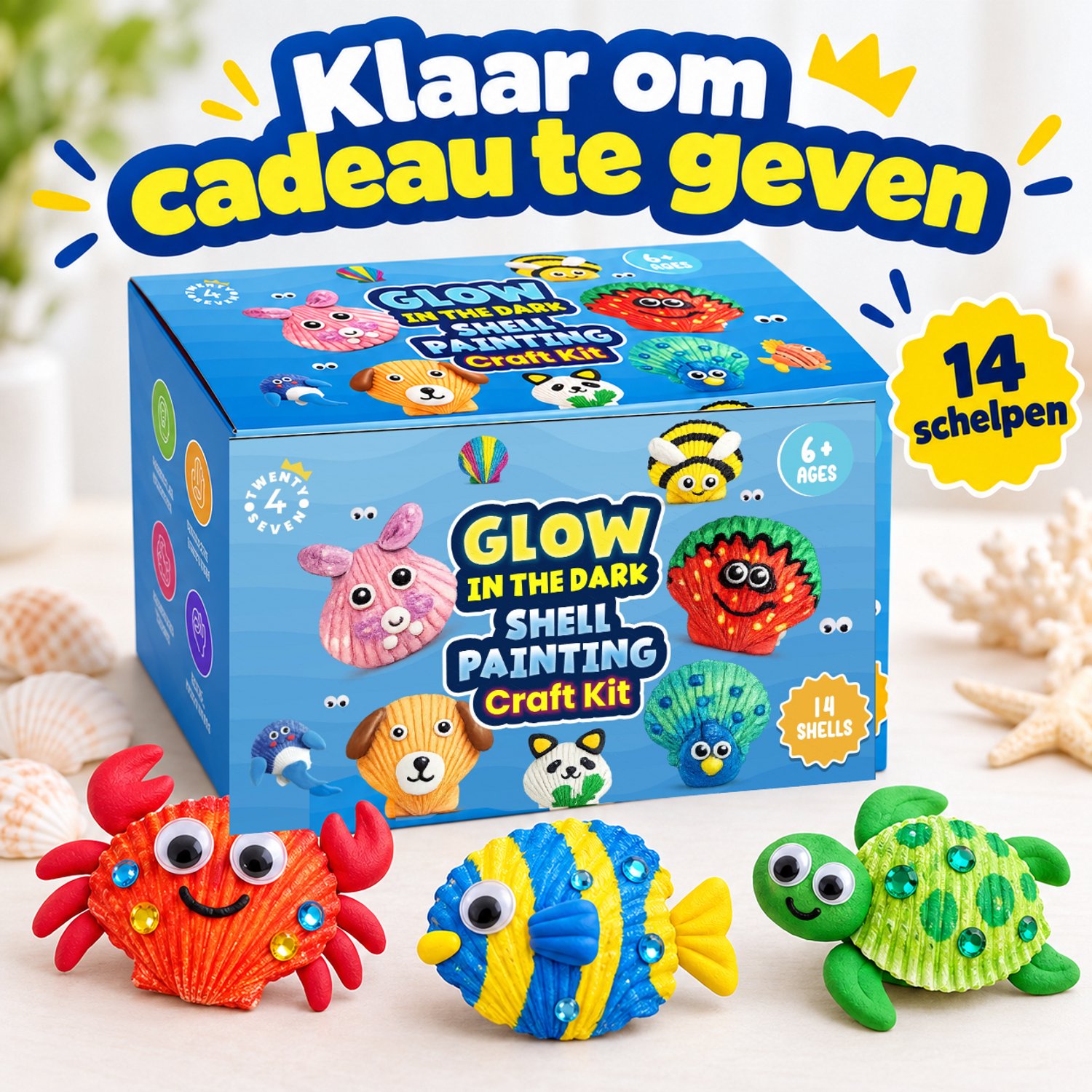 Twenty4seven® Schelpen Schilderen Set - 14 Schelpen met 9 Acrylverf Potjes - Glow in the Dark - Knutselpakket & Knutselset Kinderen - Penselen, Klei & Stickers — afbeelding 9