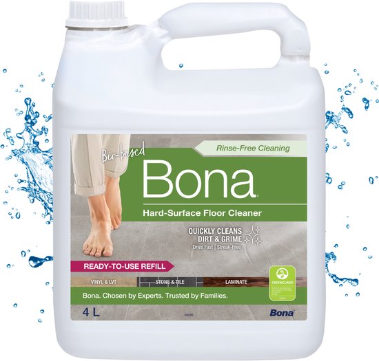 Bona Harde Vloer, Tegel en Laminaat Reiniger – Navulling 4 Liter – Natuursteen Reiniger – PVC Reiniger – Vloerreiniger Vloeistof (Ook Geschikt Voor Robotstofzuiger Met Dweilfunctie)