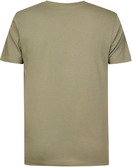 Olijfgroen T-shirt met ronde hals en korte mouwen, achterkant.