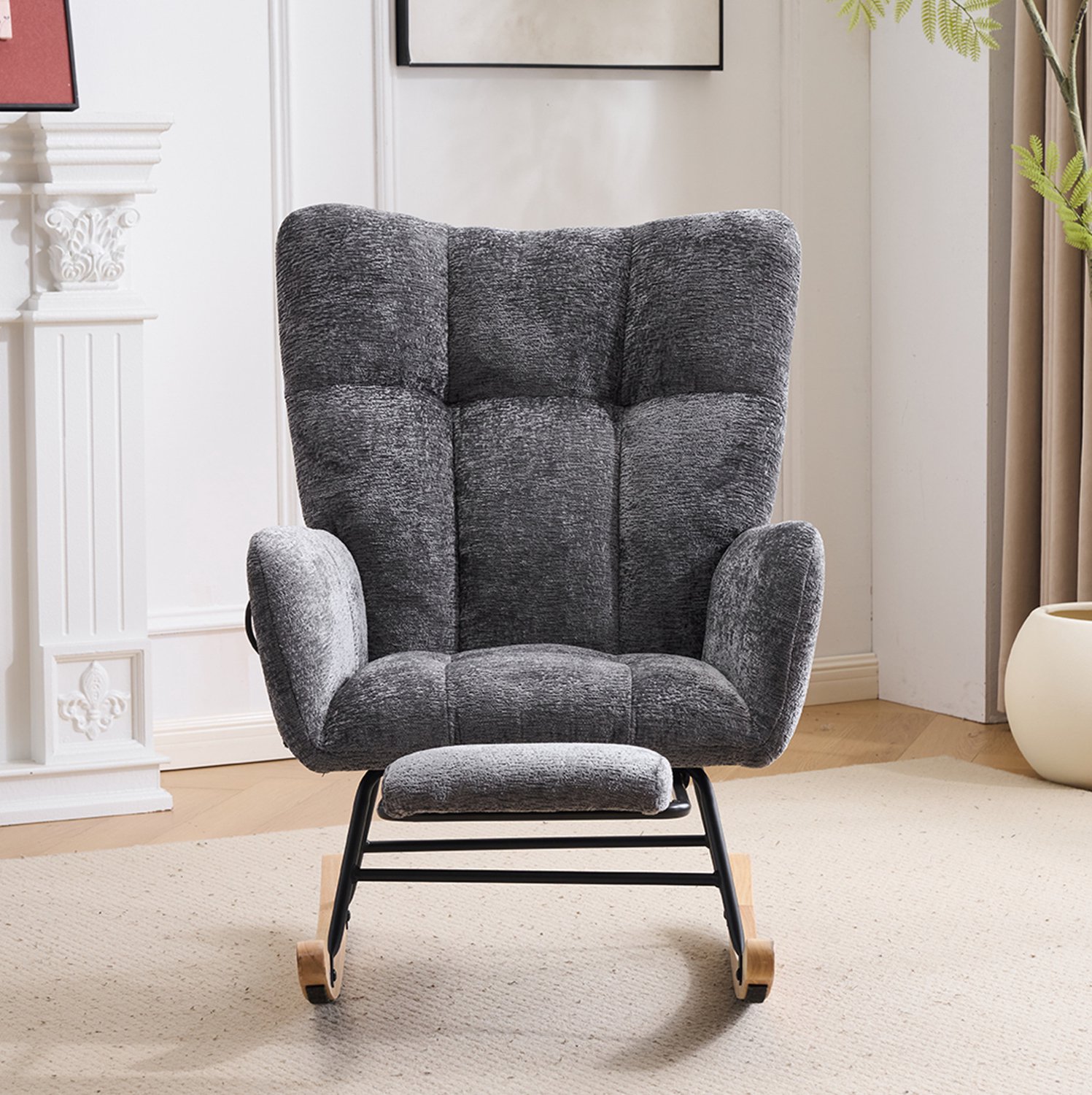 CHICFURN Schommelstoel - Met voetsteun - Hoge rugleuning - Donkergrijs