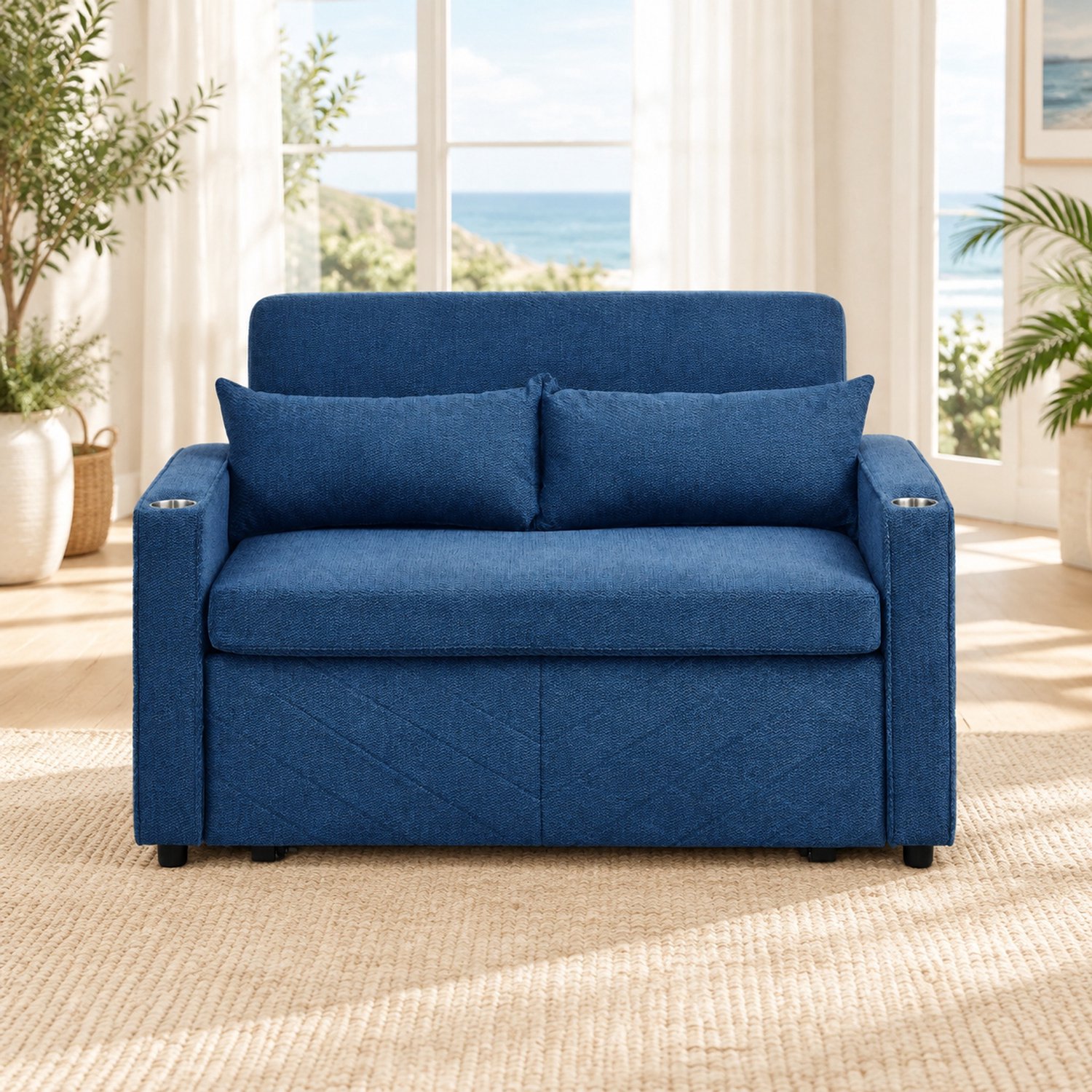 WUVRIE 2-zits slaapbank - 3-in-1 met uitschuifbare slaapfunctie en USB - Marineblauw