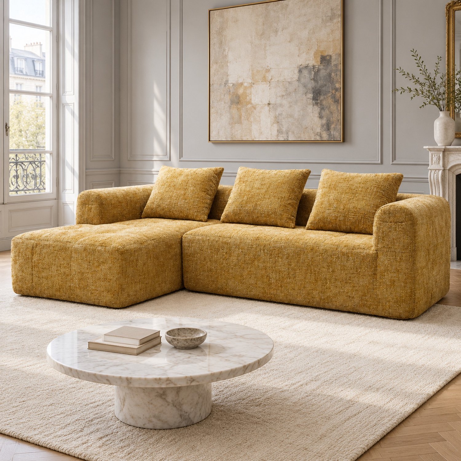 WUVRIE 3-zits hoekbank 250x158 cm - Chenille met chaise longue, zijvakken en 3 kussens - Geel