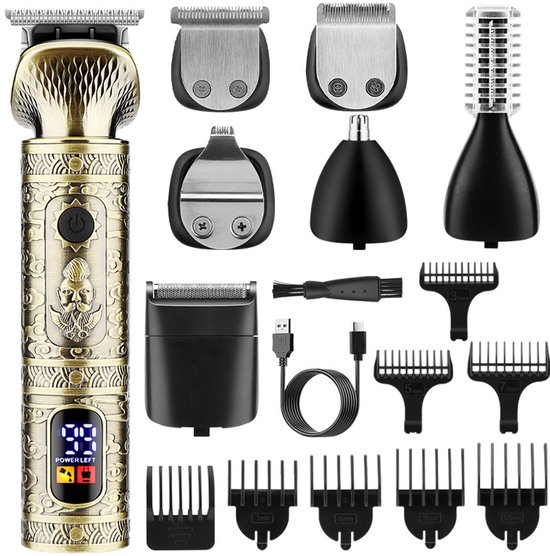 Gouden trimmer en een set van 7 opzetstukken en accessoires, waaronder een neustrimmer.