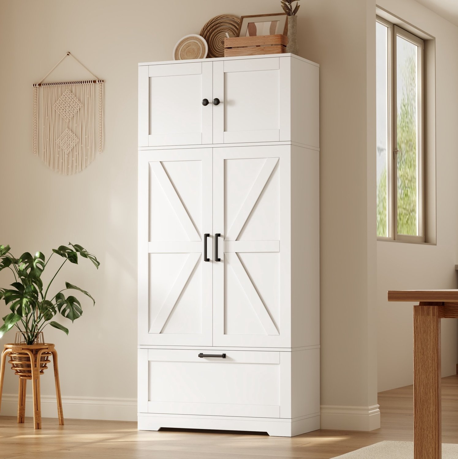 OKWISH Keukenkast – Hoge Voorraadkast Met Verstelbare Planken – Keuken, Woonkamer Of Eetkamer – MDF Wit – 80 x 35 x 180 cm