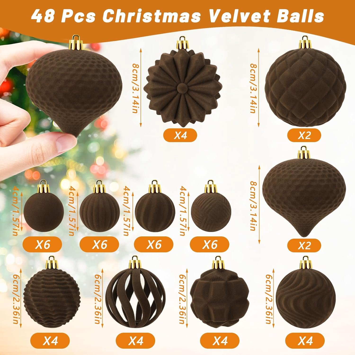 48 stuks - Kerstballen - Fluwelen kerstballen - Kerstboomdecoratie - Kerstballen Set - Kerstboom Decoratie - Kerstversiering - Kerstornamenten - Ornamenten - voor kerstboom, vakantie, thuis, kerstfeest en ramen - bruin – foto 5