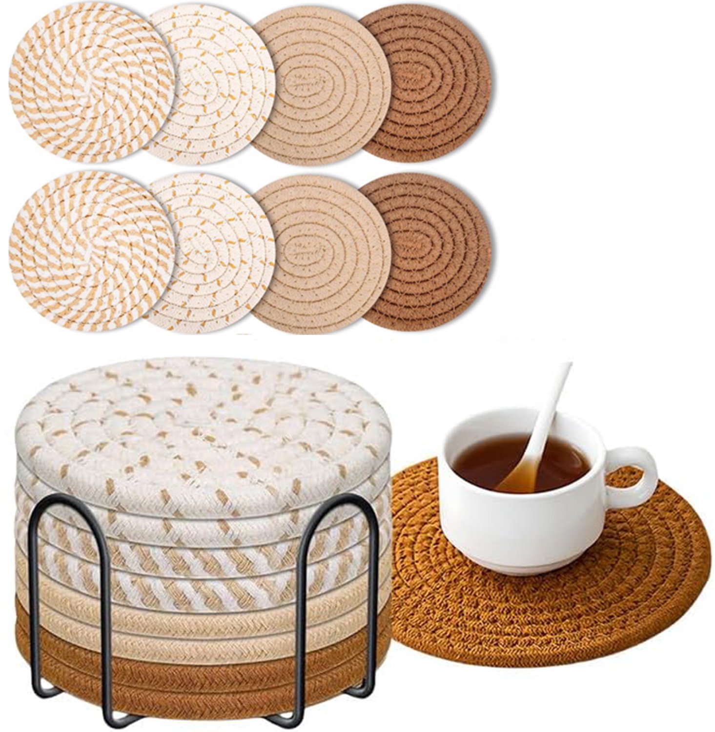 Lifhelpe Set van 8 Gevlochten Onderzetters met Houder – Thermisch Geïsoleerd – Antislip Tafelonderzetters – D11cm – Voor Huis en Bar