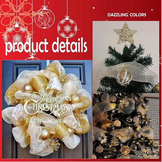 Productdetails met een feestelijke krans en versierde kerstboom met wit-goud gaaslint.