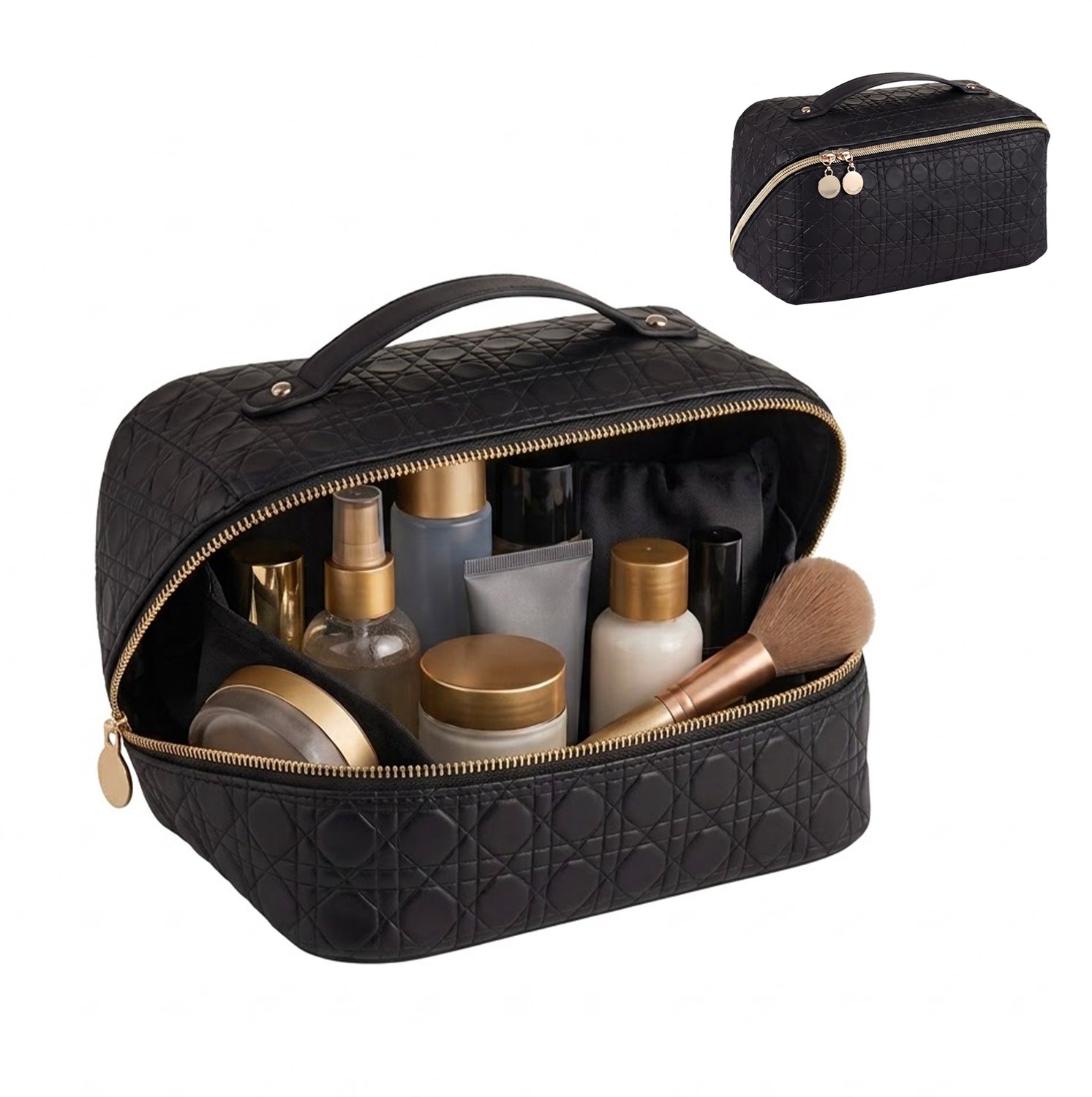 Make-up Tas Dames & Meisjes - Grote Toilettas voor Reizen & Vakantie - Beauty Case met Grote Opening - Cosmetica Organizer met Vakken - Waterafstotend PU Leer - Reis Etui voor Make up & Verzorging - Handige Badkamer Opbergtas – Ultimate Black