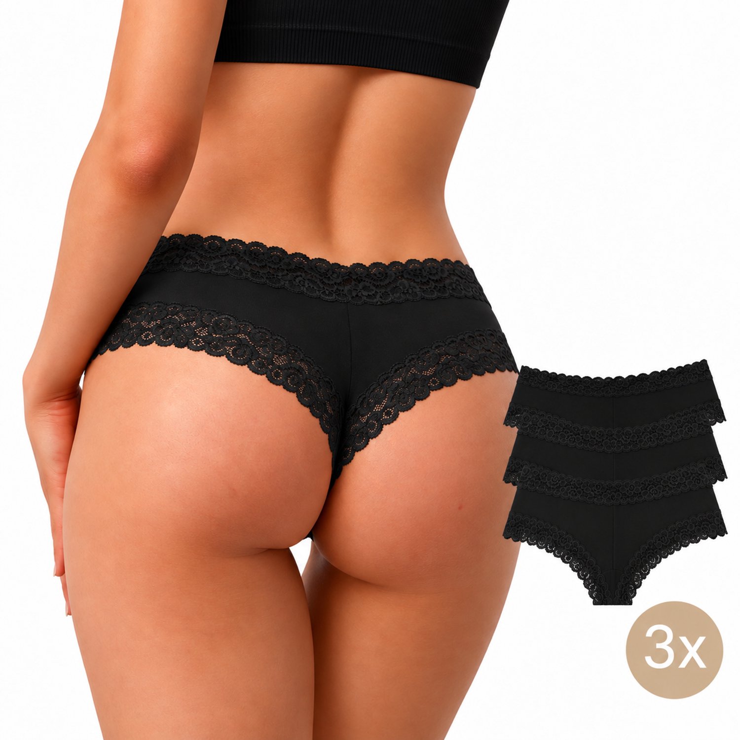 Calzera Dames Strings Katoen met Kant - 3 Pack - Comfortabele Kanten Hipster Strings - Dames Ondergoed - Zwart - Maat L