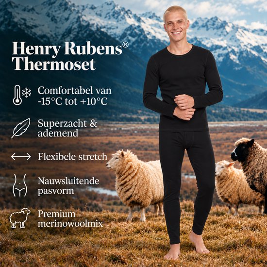 Man in zwarte thermo-set voor een berglandschap met schapen. Tekst: 'Henry Rubens Thermoset' en productvoordelen.