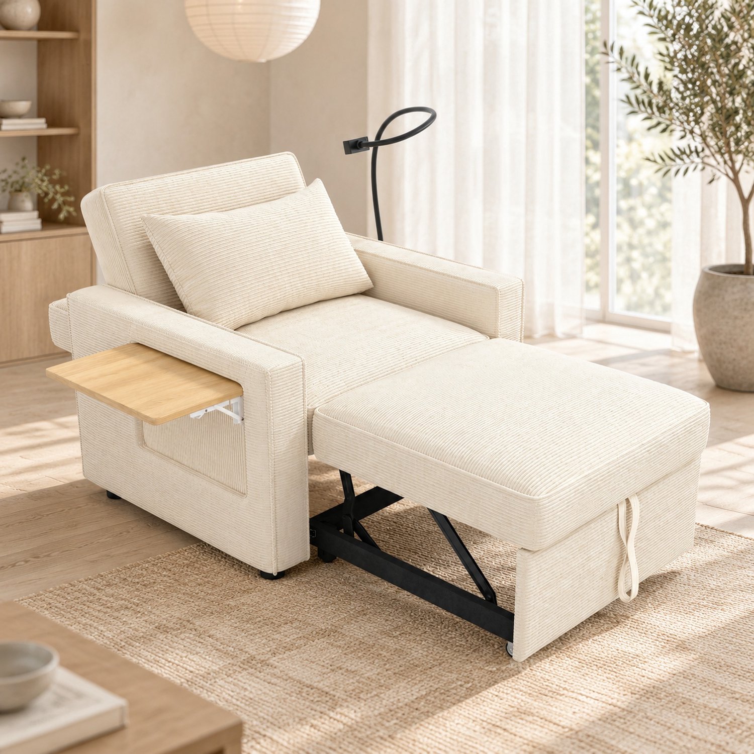 WUVRIE 1-zits slaapfauteuil - 3 standen met USB en Type-C - Zijtafel en 3 opbergvakken - Beige