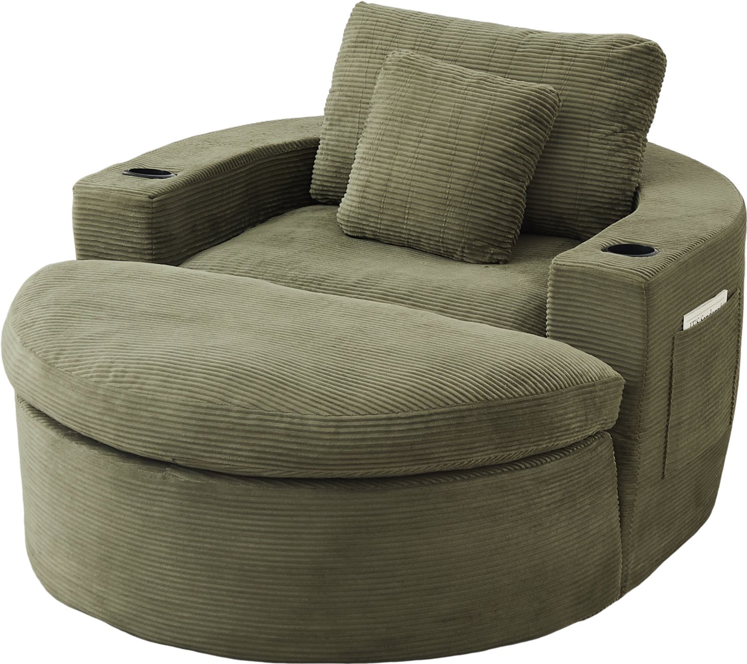 Wishdor Grote ronde fauteuil met hocker - Verstelbare hocker - Opbergvakken en bekerhouder - Frameloos loungedesign - Woonkamer leeshoek - Corduroy - Groen
