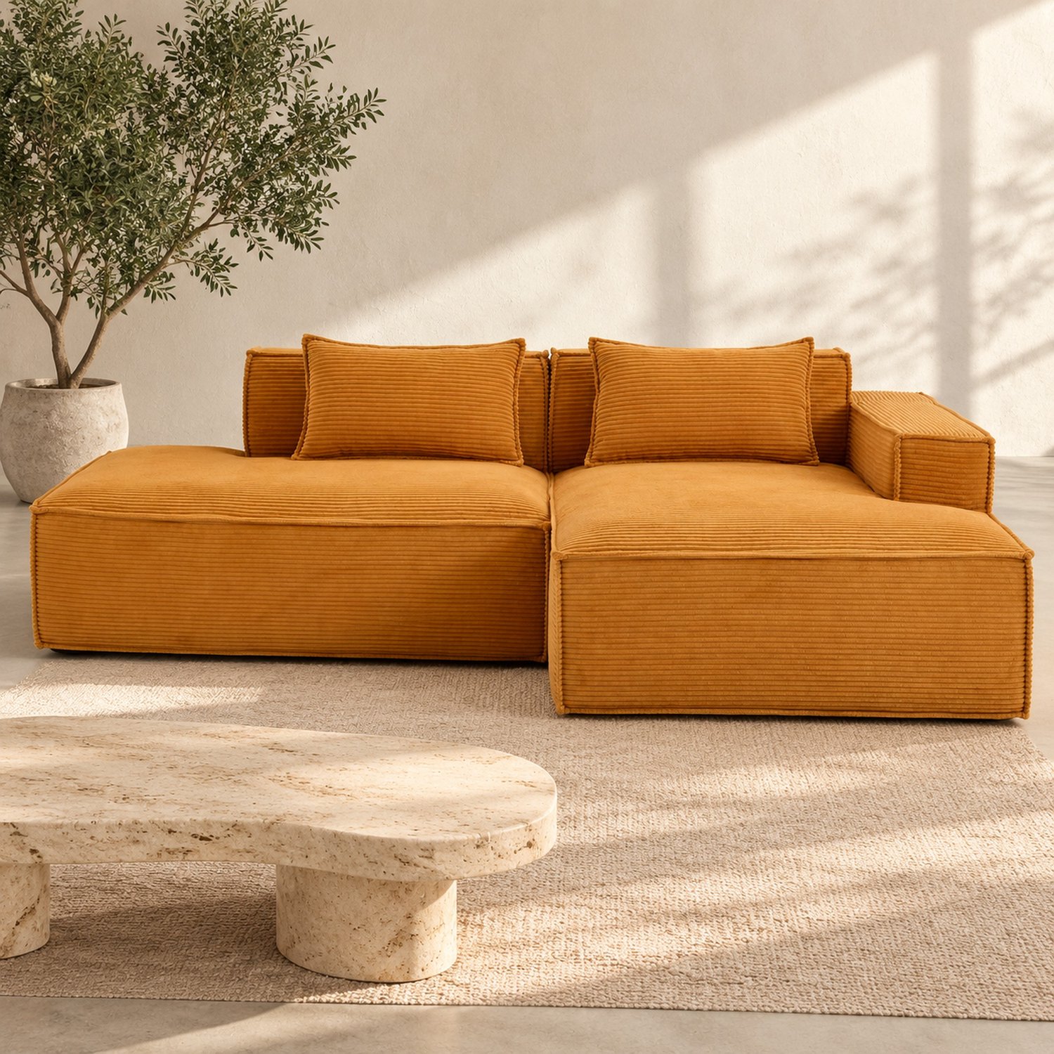 WUVRIE Hoekbank 235 cm - Rechter loungedeel en 2 kussens - Polyester bekleding - Mosterdgeel