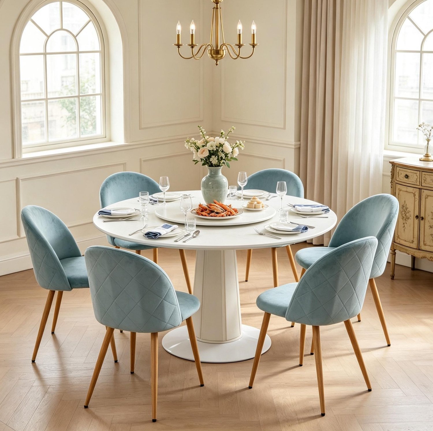MODFU Eetkamerstoelen - Gebogen Rugleuning - Modern - Velvet - Teal - Set Van 6 Turquoise