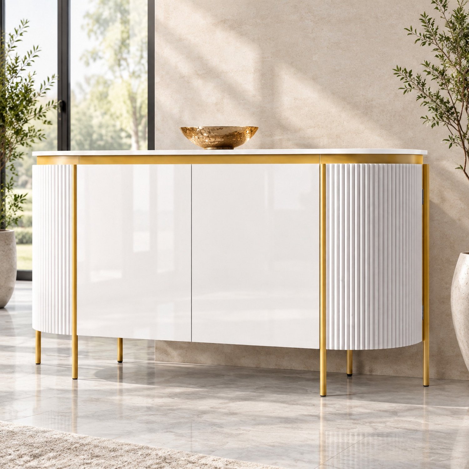 MODFU Dressoir - 4 Deuren - Ovaal Design - MDF - Wit - 140 X 38 X 80 Cm