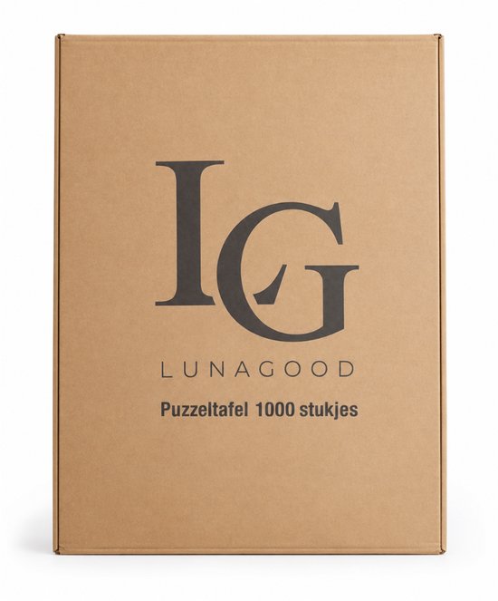 Kartonnen verpakkingsdoos met IG LUNAGOOD logo en tekst Puzzeltafel 1000 stukjes.