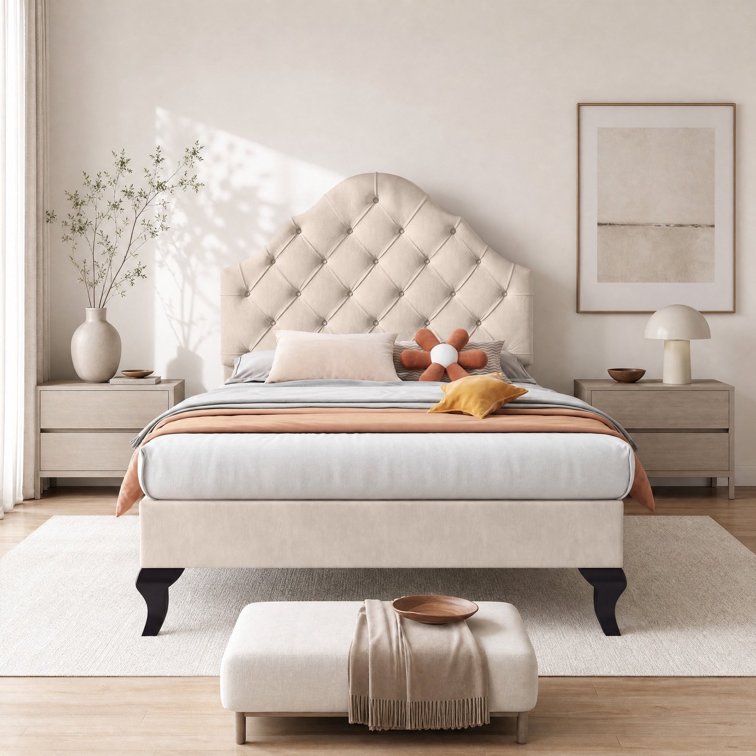 Eenpersoonsbed 90x200 cm met verstelbaar hoofdbord en lattenbodem, beige fluweel