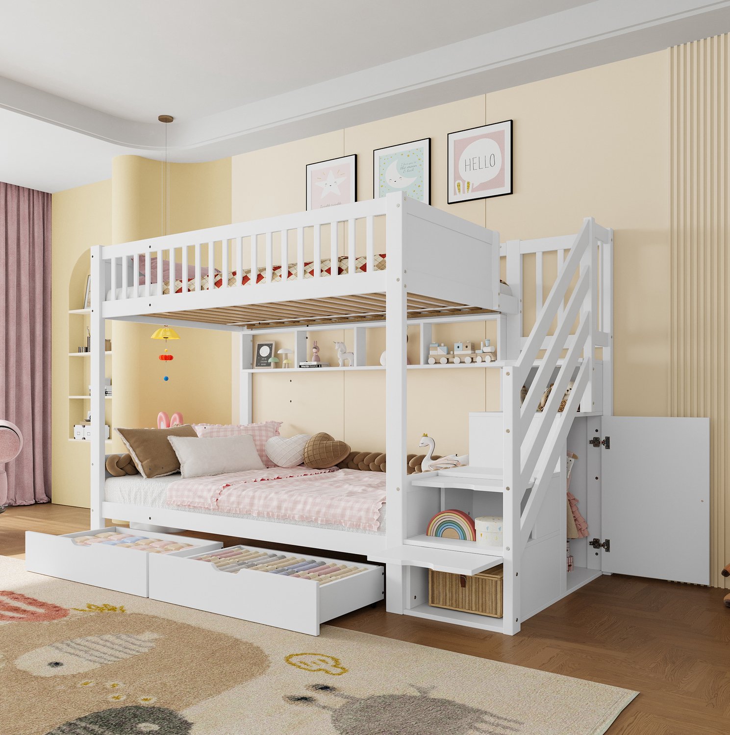 COVREO Stapelbed met trap en opbergruimte – 90x200 cm – Kinderbed met kast en lades – 254x95x165 cm – Wit - zonder matras