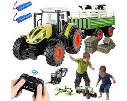 RC Landbouwvoertuig - Elektrische Tractor-Speelgoed - Boerderij Speelset -1:24 - Afstandsbediening Tractor - Met Kiepaanhanger, Maaier en Vorkheftruck Accessoire - Hooibalen en Koe - Kinderen 5-16 Jaar