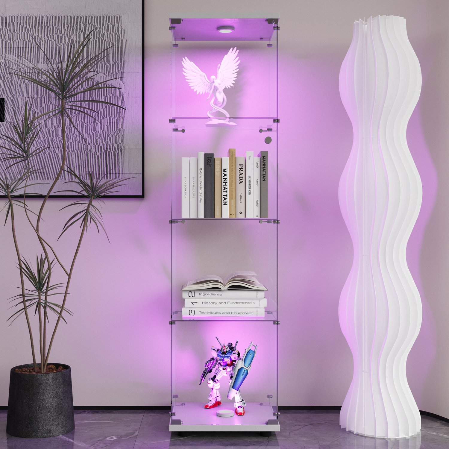 Yelenaro Glazen vitrinekast met led verlichting, Vitrinekast van glas met veiligheidsslot, 1 deur en 4 lagen, Gehard Glas, vitrines, collectiekast, staande glazenkast, 42.5x36.5x164cm, Wit