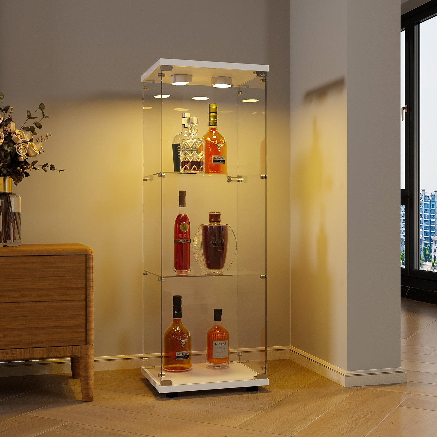 Yelenaro Glazen vitrinekast met led verlichting, Vitrinekast van glas met veiligheidsslot, 1 deur en 3 lagen, Gehard Glas, vitrines, collectiekast, staande glazenkast, 42.5x36.5x125cm, Wit