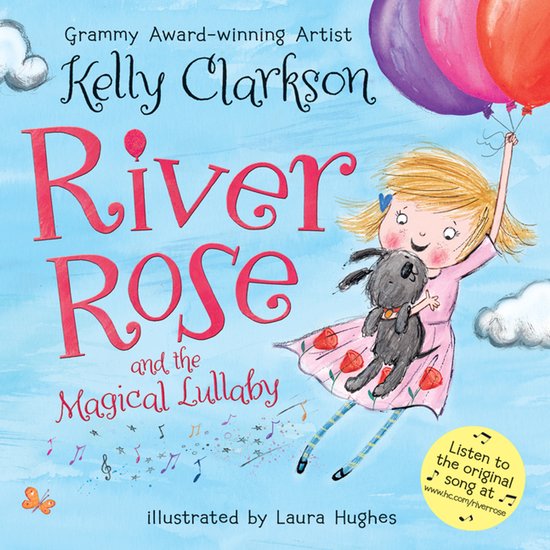 Cover van het kinderboek River Rose and the Magical Lullaby met een meisje dat met ballonnen en een hondje zweeft.
