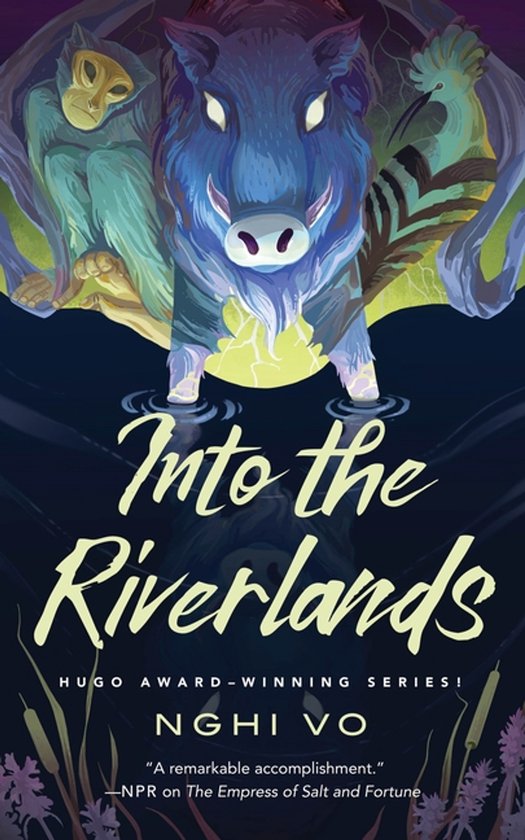 Boekomslag van 'Into the Riverlands' met een zwijn, aap en vogel boven water, bekroond met de Hugo Award.