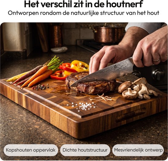 Aviro Professionele Snijplank - Acacia Hout - Sapgeul & Handvaten - Anti-Slip Borrelplank - 38x26x3.5 cm - PFAS-vrij - Hakblok Kopshout — cadeau in Kookcadeaus - foto 4