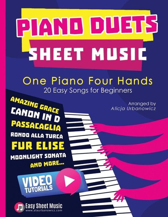 Piano Duets bladmuziek met roze handen die op een pianotoetsenbord spelen, inclusief 20 eenvoudige liedjes voor beginners.