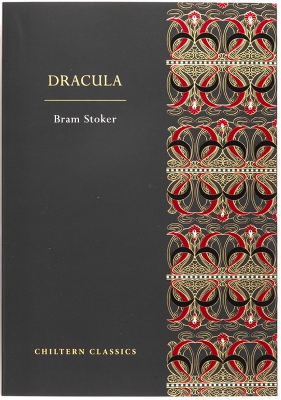 Zwarte boekomslag van Dracula door Bram Stoker met decoratieve rood, goud en zwart Art Nouveau-patroon.