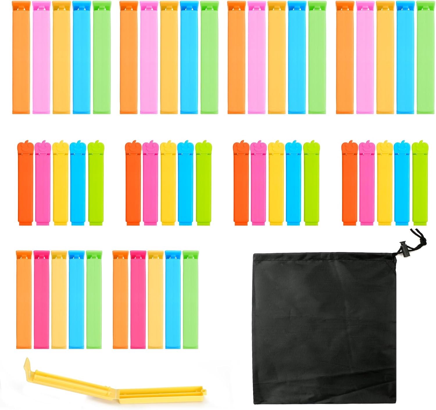 Zakclips voor voedselverpakkingen - Afsluitclips voor snackzakken - Herbruikbare sluitklemmen voor keuken - Klemmen voor open verpakkingen - Kunststof in drie lengtes - Inclusief praktische opbergzak - Meerkleurig - 50 stuks 7-11 cm