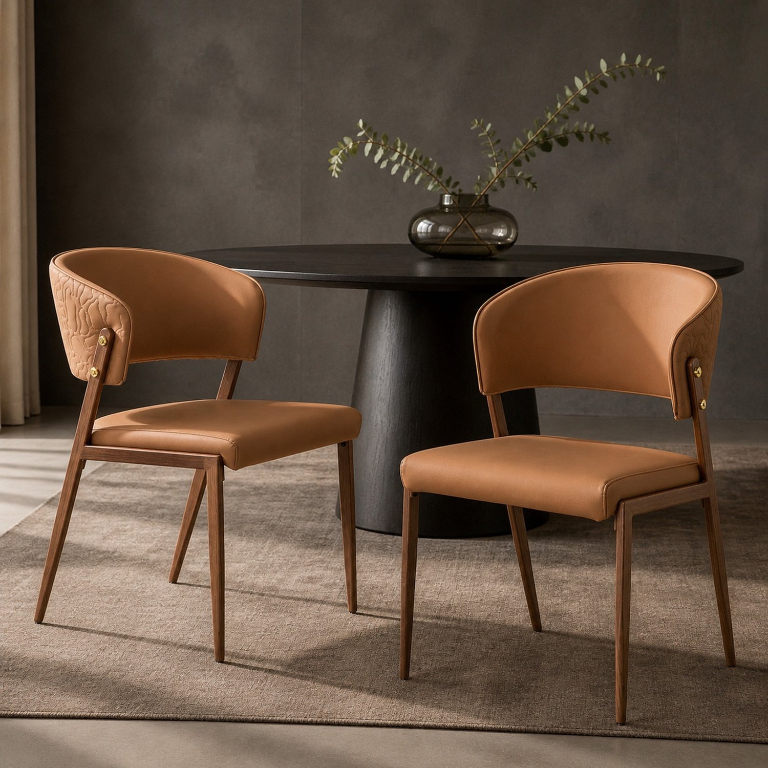 WUVRIE Set van 2 eetkamerstoelen - Met armleuningen, kunstleer en metalen onderstel - Bruin