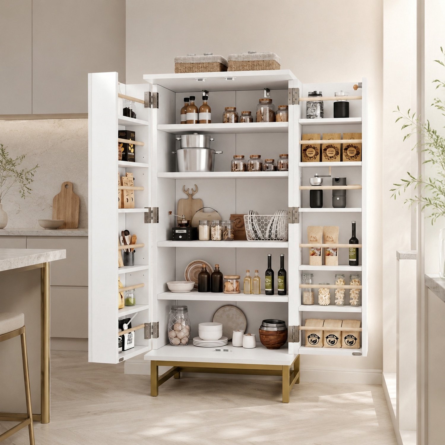 WUVRIE Buffetkast 60x40x130 cm - Verstelbare planken en deurvakken - Wit