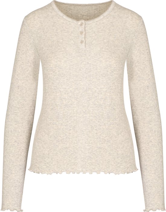Lichtgrijs, geribbeld pyjamashirt met lange mouwen, knoopsluiting en golvende afwerking bij hals en zoom.