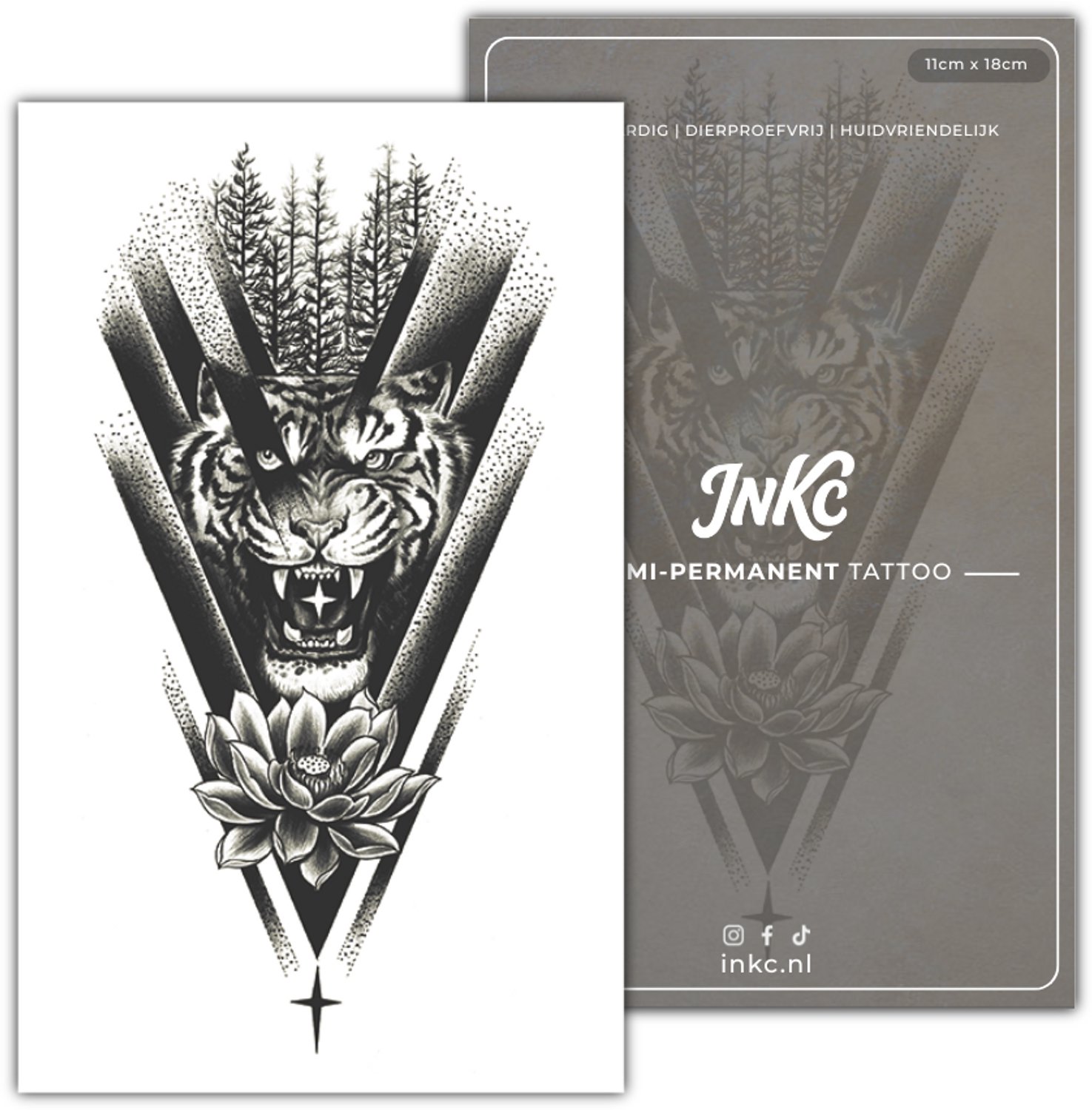 INKC - Tijdelijke Tattoo - Mystieke Tijger - Nep Tattoo - Plak Tattoos - Blijft tot 2 weken - 11 x 18cm