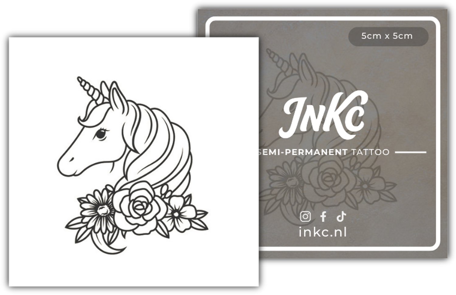INKC - Tijdelijke Tattoo - Eenhoorn Bloemen - Nep Tattoo - Plak Tattoos - Blijft tot 2 weken - 5 x 5cm