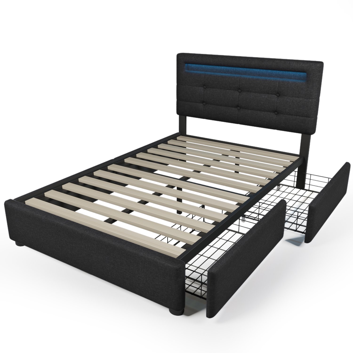 Eenpersoonsbed 90x200 cm - Zwart Gestoffeerd Bed Met LED-Verlichting - Twee Opberglades - Inclusief H3 Pocketveringmatras