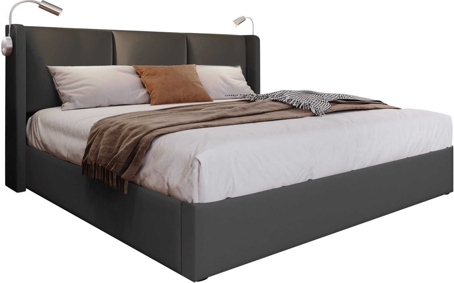 Gestoffeerd Bed 160x200 Met Opbergruimte - Grijs Kunstleren Tweepersoonsbed Met Hoofdbord, Leeslamp En USB - Inclusief Lattenbodem Zonder Matras