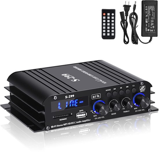 Zwarte S-299 Hi-Fi versterker met voedingsadapter en afstandsbediening.
