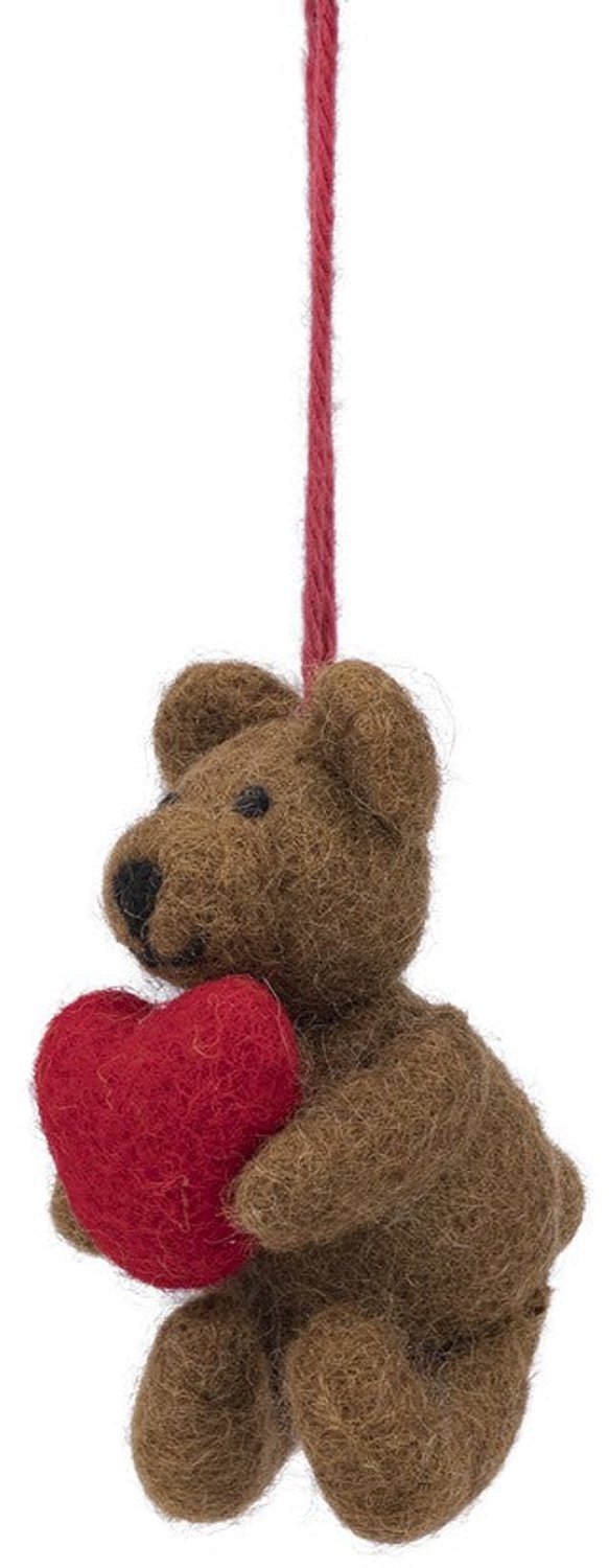Wolvilt Hanger Teddybeertje met Rood Hartje - Fairtrade Homedeco - 9x5x5cm — afbeelding 3