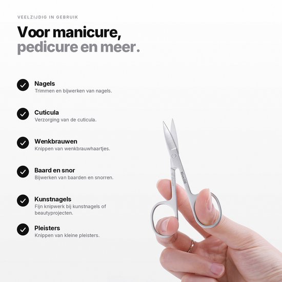 Roestvrijstalen precisieschaar, 9 cm lang, vastgehouden door een vingertop. Ideaal voor nagels, wenkbrauwen en meer.