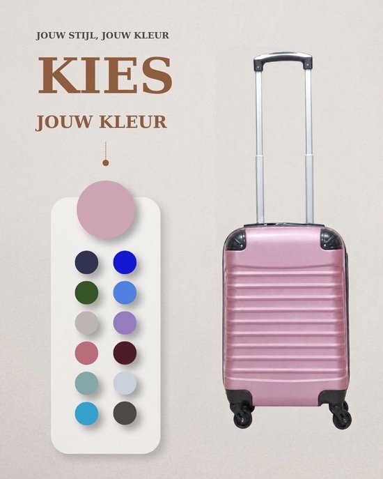 Lichtroze koffer met een kleurpalet voor verschillende opties. Tekst: Kies jouw kleur.