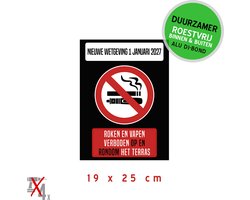 Pictogram/ metaal bord | "Nieuwe wetgeving 1 januari 2027 - Roken en vapen verboden OP en ROND het terras" | 19 x 25 cm | Voor België | Wetgeving | Stevig materiaal | Horeca | Café | Rookverbod | Buiten | Zwart | 1 stuk