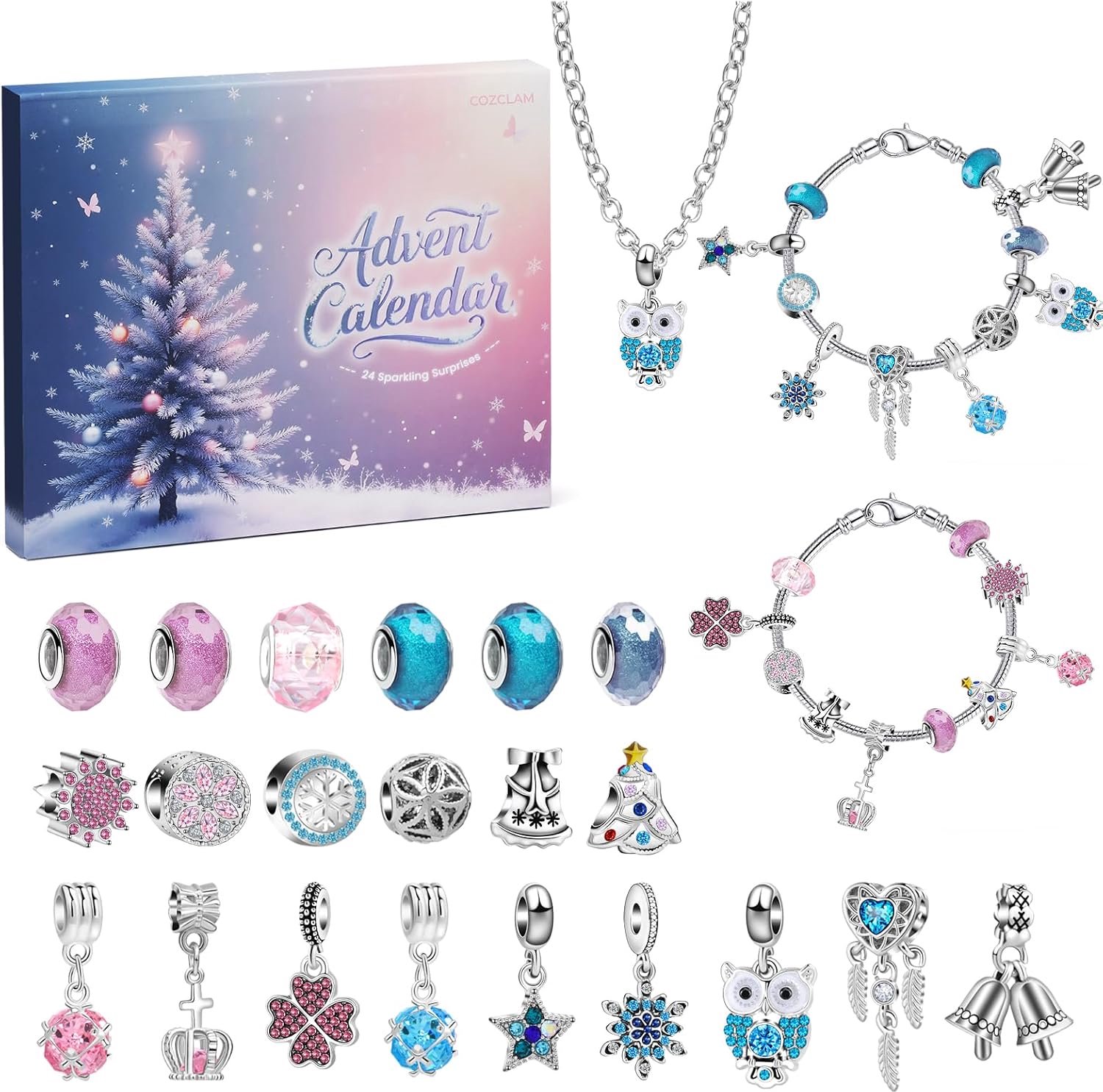 Sieraden adventskalender voor kerst - Kerstkalender met armband bedels - Verrassingen achter genummerde vakjes - Sieraden combineren per dag - Inclusief halsketting en armbanden - Winterboom op kalenderdoos - Roze en blauw - Set voor 24 dagen